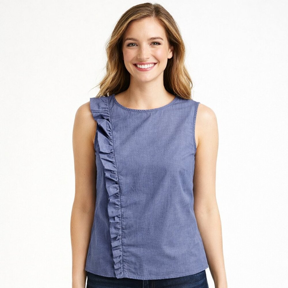 Banana Republic Blue Side Ruffle Cotton Stretch Womens Zip Up Blouse Size 6